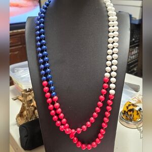 Vintage 38in Single Stand Red White and Blue Resin Beaded Necklace